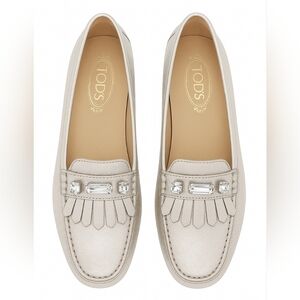 Tod's Silver Leather Gommino Driving Loafers With Fringe And Rhinestones